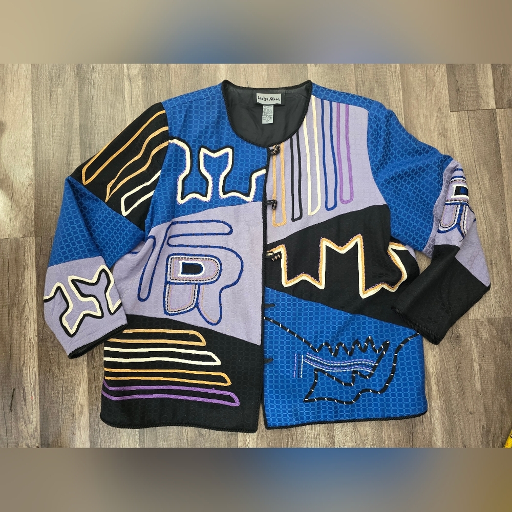 Indigo Moon Boho Patchwork Colorful Geometric Jac… - image 1